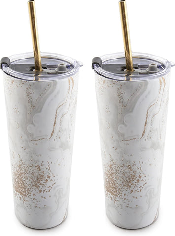 Cambridge Silversmiths White Set of 2 24 oz Insulated Geode Straw Tumblers, 0