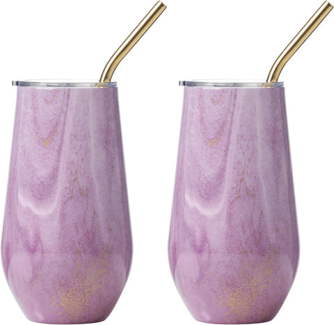 CAMBRIDGE Pink 2 Pack of 16 oz Geode Decal Wine Tumblers with Stainless Steel Straw, 0