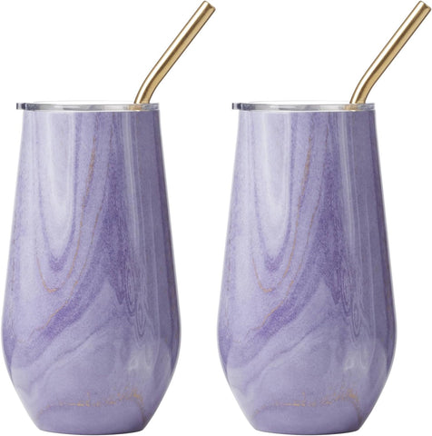 CAMBRIDGE Purple 2 Pack of 16 oz Geode Decal Wine Tumblers with Stainless Steel Straw, 0