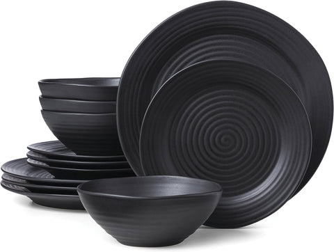 Oneida Black Ridge Piece Dinnerware Set, 12 Count, Dorm Room Essentials, First Apartment