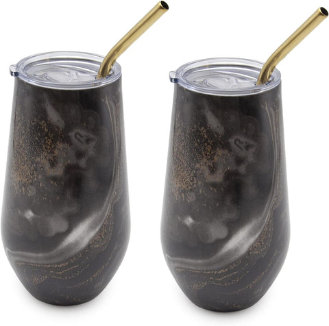 Cambridge Silversmiths Black Set of 2 16oz Insulated Geode Straw Tumblers, 0