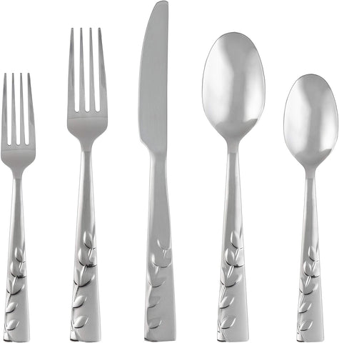 Cambridge Silversmiths Blossom Sand Piece Flatware Silverware Set, Service for 4, Stainless Steel, Includes Forks/Knives/Spoons, 20 Count, Brushed Finish