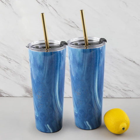 Cambridge Silversmiths Blue 2 Pack of 24 oz Geode Decal Stainless Steel Straw Tumblers, 0