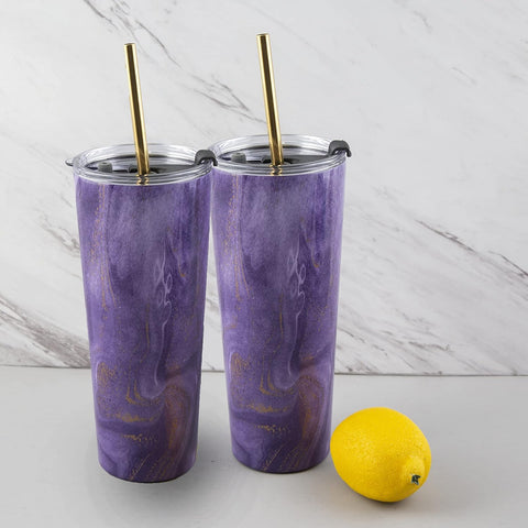 Cambridge Silversmiths Purple 2 Pack of 24 oz Geode Decal Stainless Steel Straw Tumblers, 0