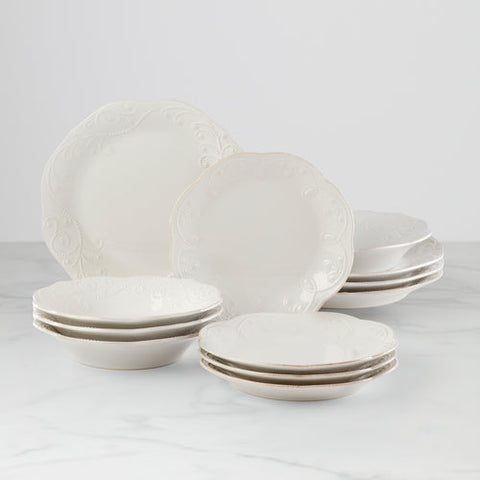 French Perle 12-Piece Plate & Bowl Dinnerware Set